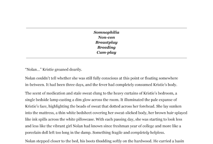 write nsfw forbidden dark taboo story according to your kinks